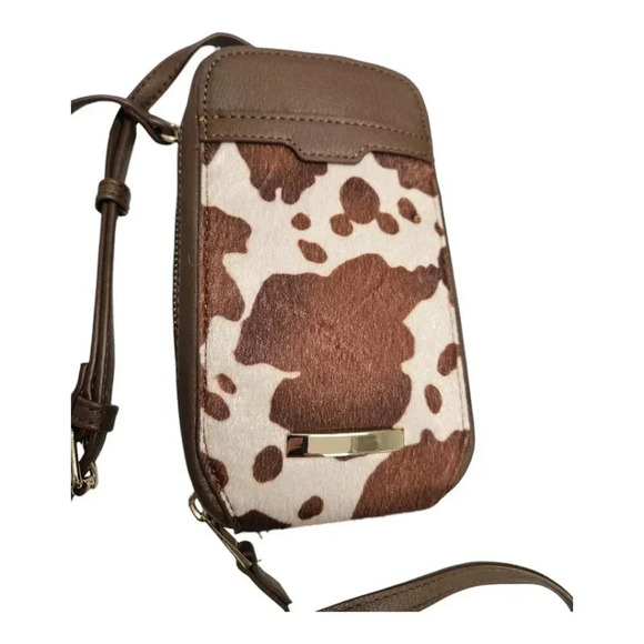 Vegan Leather Faux Cowhide Brown Cow Print Small Crossbody Compact Bag - Picture 2 of 6